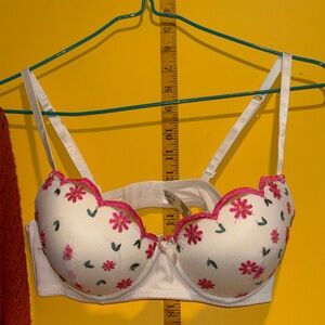 Rene Rofe White Bra with Pink and Green Embroidery